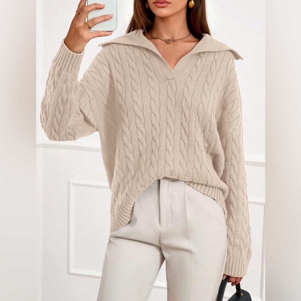 PrettyGarden Women’s Cable Knit Collared Long Sleeve Pullover Sweater Beige XL